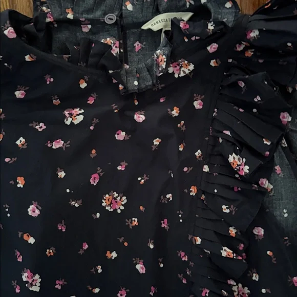 Rebecca Taylor MIS La Vie Meadow Floral Ruffle Navy Sleeveless Blouse Sz 12 - Picture 3 of 4